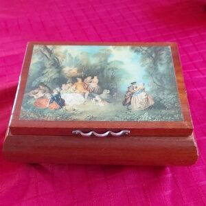Vintage Wooden Jewelry Box with Scenic Artwork
